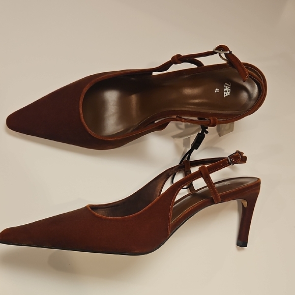 Zara Velvet Brown Slingback Heels - Size 10 - Picture 5 of 6